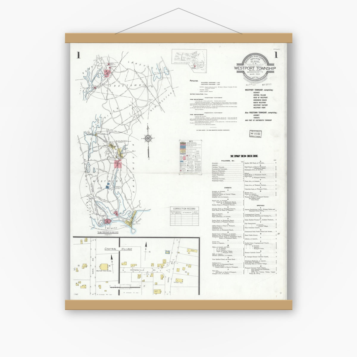 Old map wall art mockup — magnetic wood frame on white wall — Sanborn Fire Insurance Map from Westport Township, Bristol County, Massachusetts (1933) - Complete Map Set