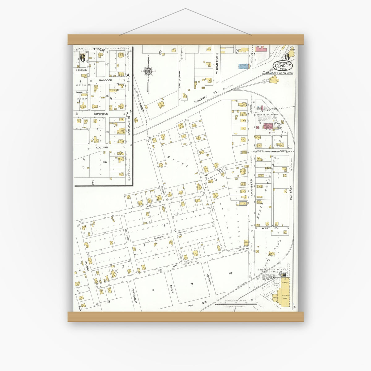 Old map wall art mockup — magnetic wood frame on white wall — Sanborn Fire Insurance Map from Conroe, Montgomery County, Texas (1923), Sheet #0006