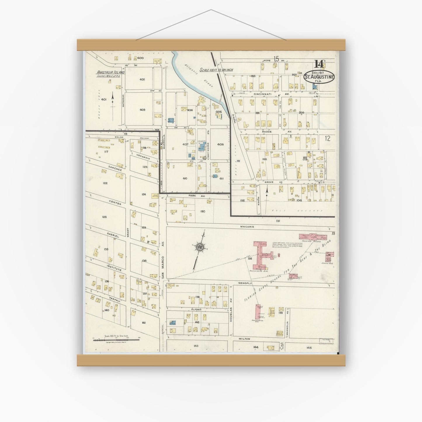 Old map wall art mockup — magnetic wood frame on white wall — Sanborn Fire Insurance Map from Saint Augustine, Saint John's County, Florida (1917), Sheet #0014