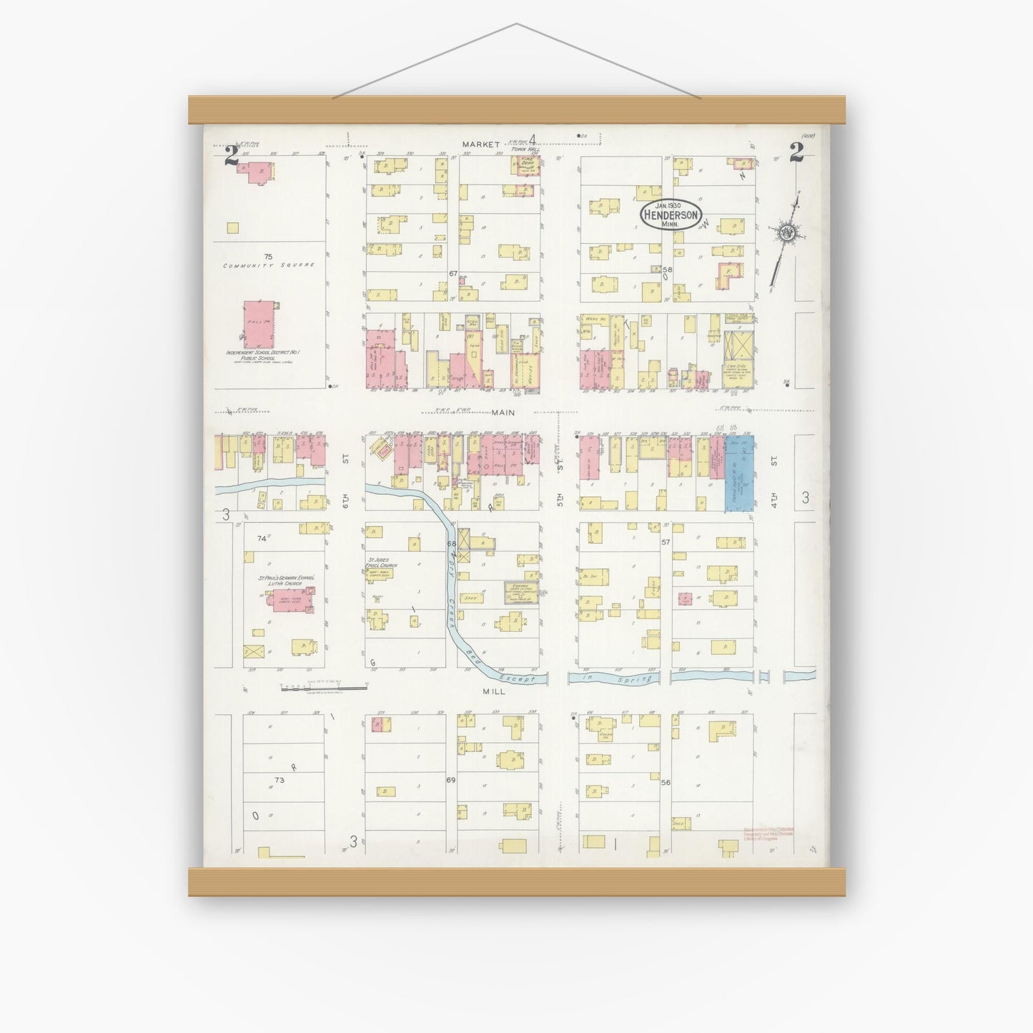 Old map wall art mockup — magnetic wood frame on white wall — Sanborn Fire Insurance Map from Henderson, Sibley County, Minnesota (1930), Sheet #0002