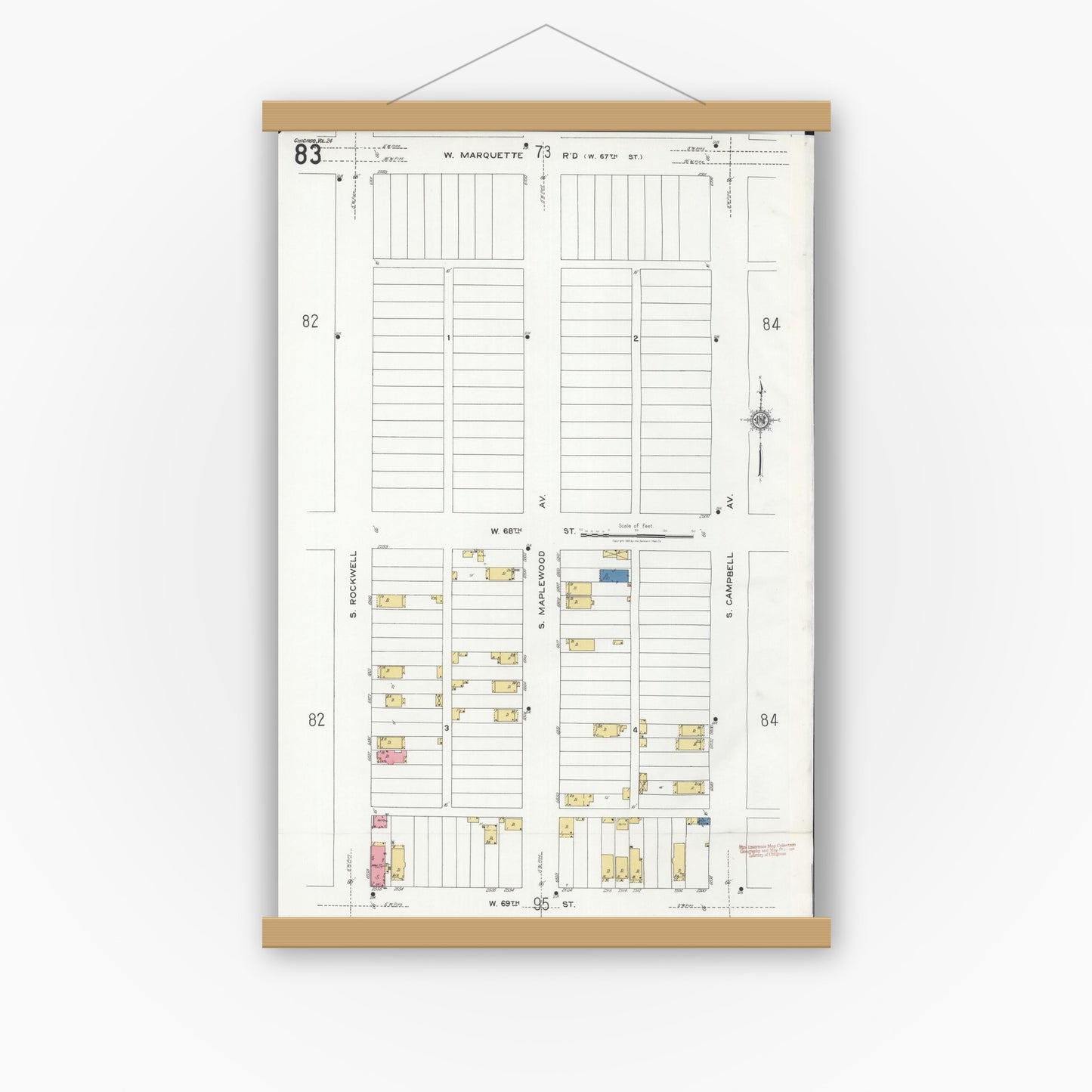 Old map wall art mockup — magnetic wood frame on white wall — Sanborn Fire Insurance Map from Chicago, Cook County, Illinois (1920), Sheet #0083