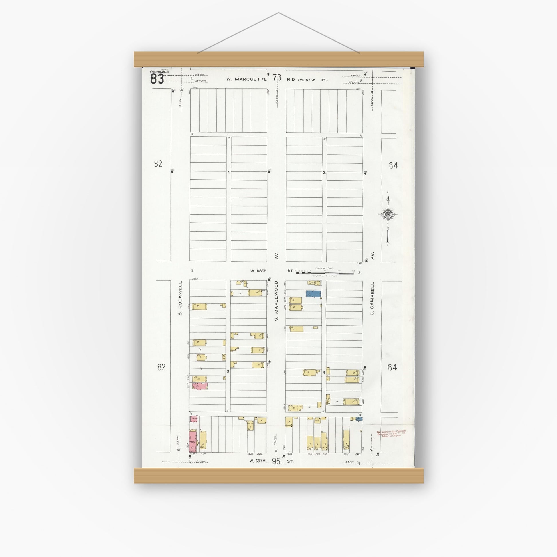 Old map wall art mockup — magnetic wood frame on white wall — Sanborn Fire Insurance Map from Chicago, Cook County, Illinois (1920), Sheet #0083