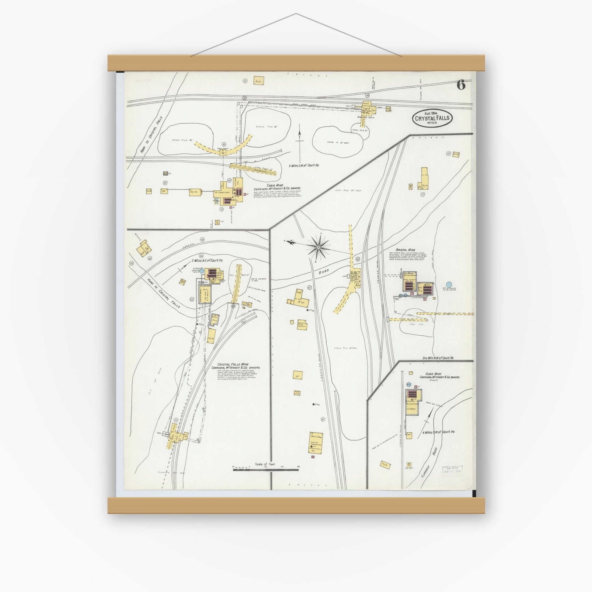 Old map wall art mockup — magnetic wood frame on white wall — Sanborn Fire Insurance Map from Crystal Falls, Iron County, Michigan (1904), Sheet #0006