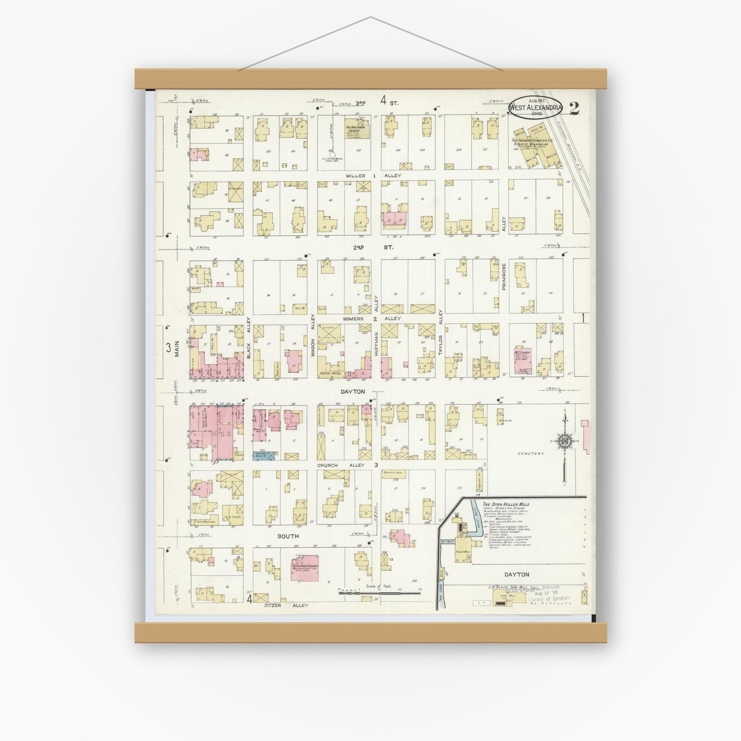 Old map wall art mockup — magnetic wood frame on white wall — Sanborn Fire Insurance Map from West Alexandria, Preble County, Ohio (1912), Sheet #0002
