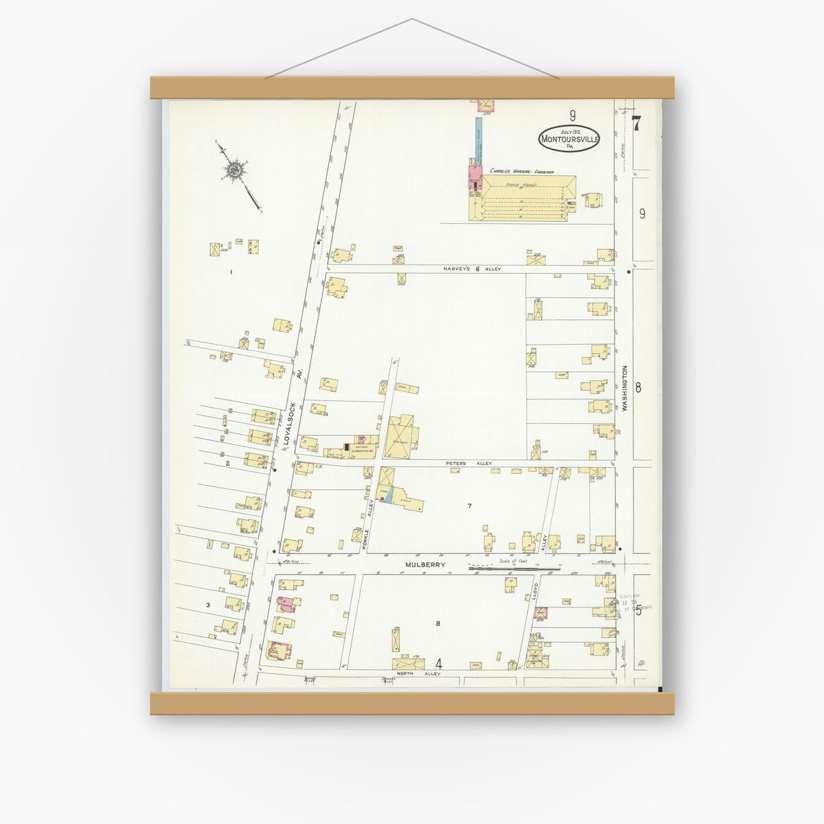 Old map wall art mockup — magnetic wood frame on white wall — Sanborn Fire Insurance Map from Montoursville, Lycoming County, Pennsylvania (1912), Sheet #0007