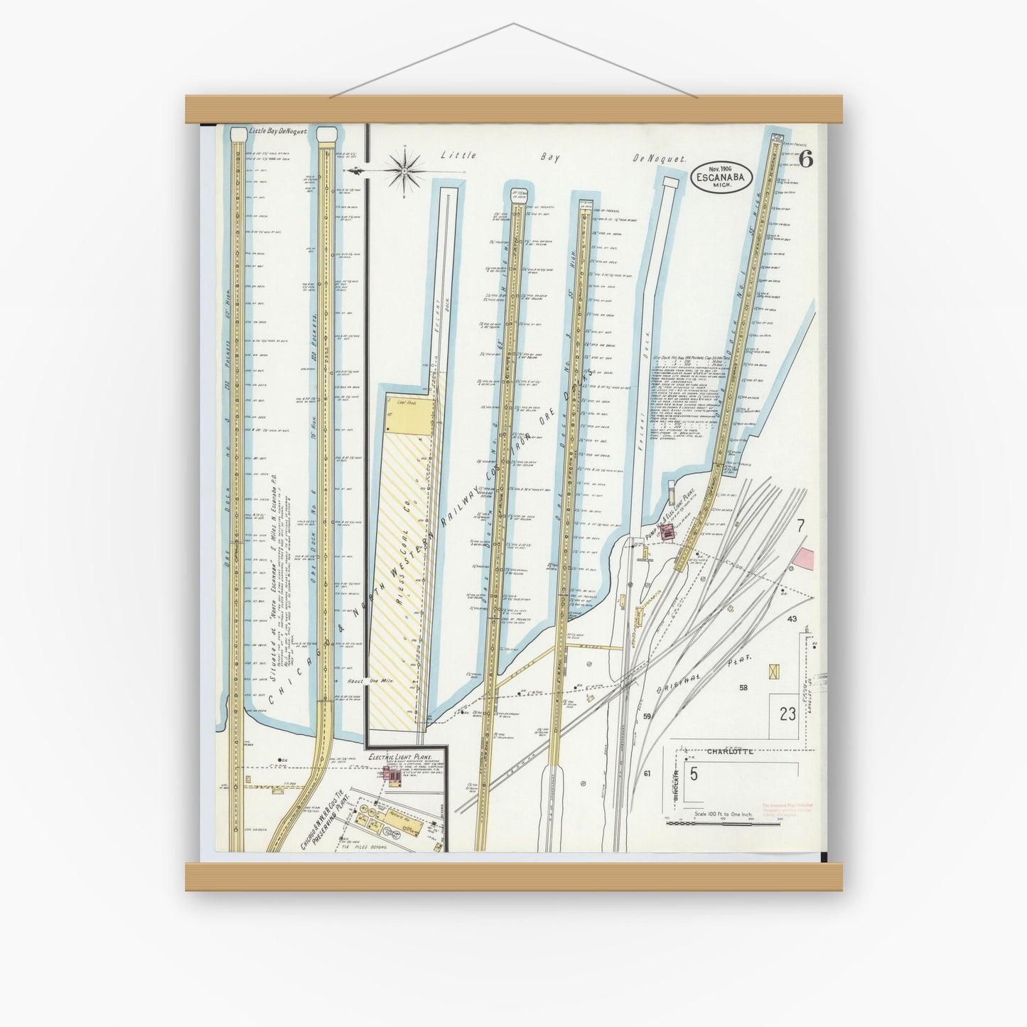 Old map wall art mockup — magnetic wood frame on white wall — Sanborn Fire Insurance Map from Escanaba, Delta County, Michigan (1906), Sheet #0006