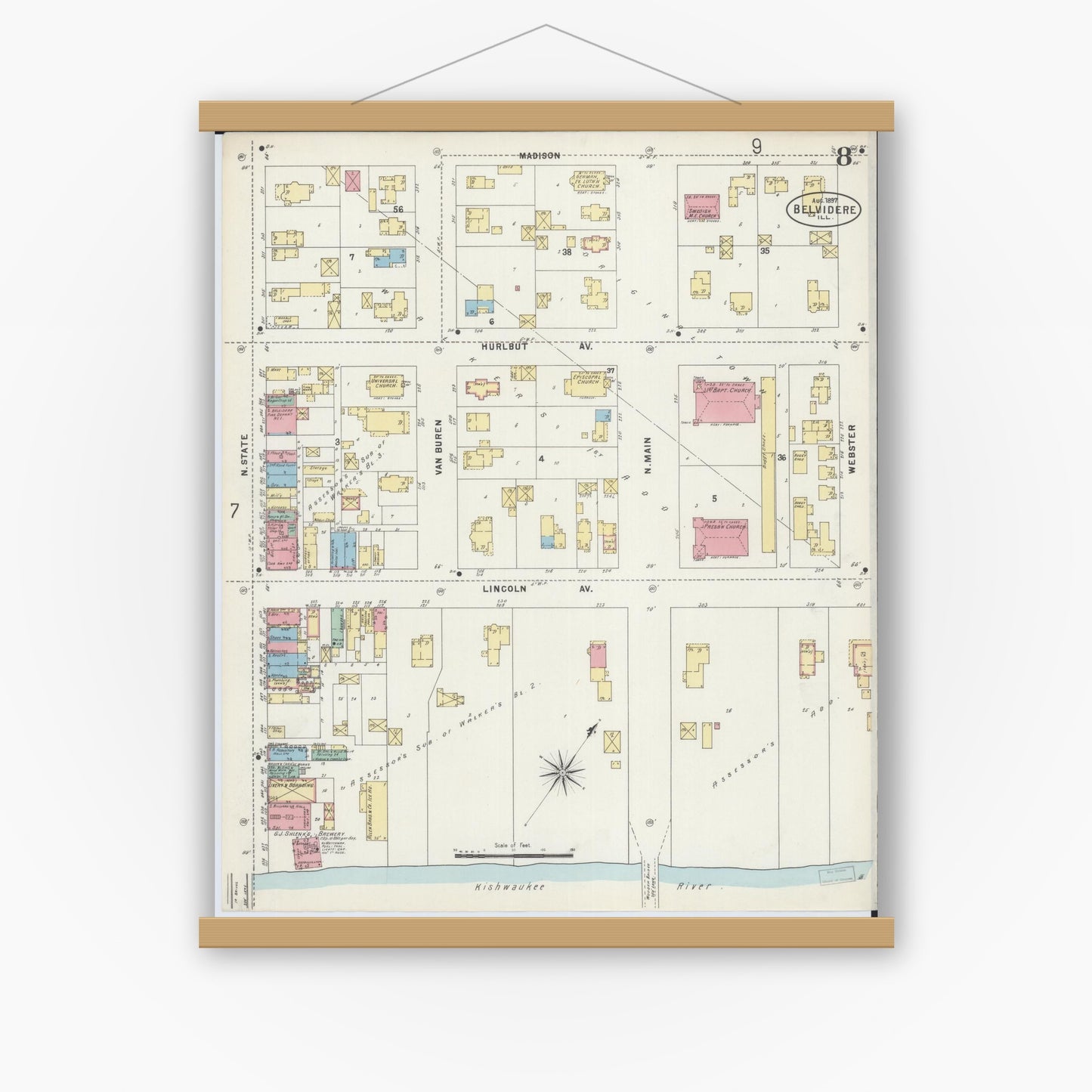 Old map wall art mockup — magnetic wood frame on white wall — Sanborn Fire Insurance Map from Belvidere, Boone County, Illinois (1897), Sheet #0008