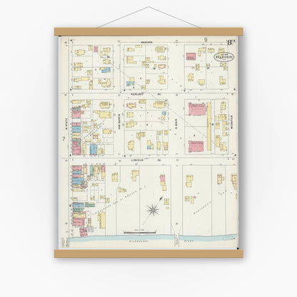 Old map wall art mockup — magnetic wood frame on white wall — Sanborn Fire Insurance Map from Belvidere, Boone County, Illinois (1897), Sheet #0008
