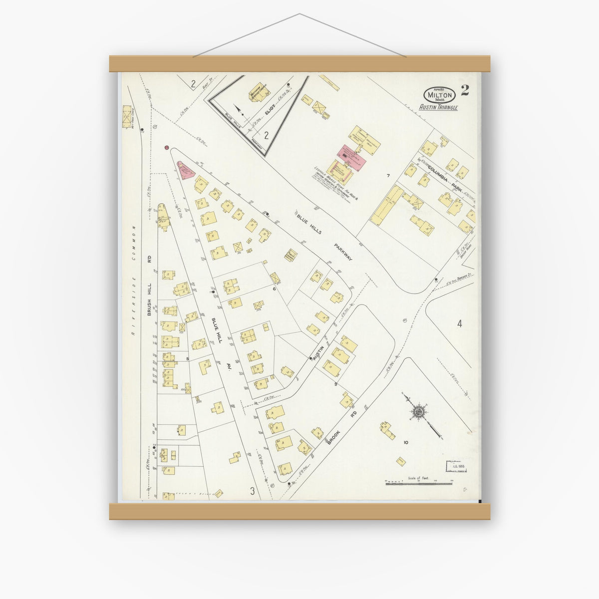 Old map wall art mockup — magnetic wood frame on white wall — Sanborn Fire Insurance Map from Milton, Norfolk County, Massachusetts (1911), Sheet #0002