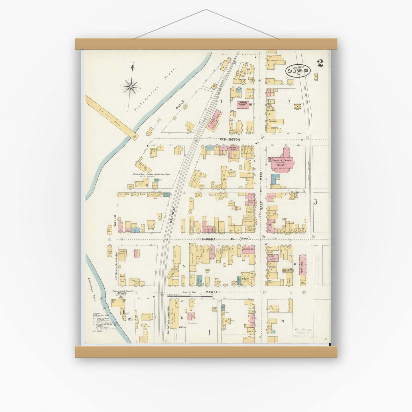 Old map wall art mockup — magnetic wood frame on white wall — Sanborn Fire Insurance Map from Saltsburg, Indiana County, Pennsylvania (1903), Sheet #0002