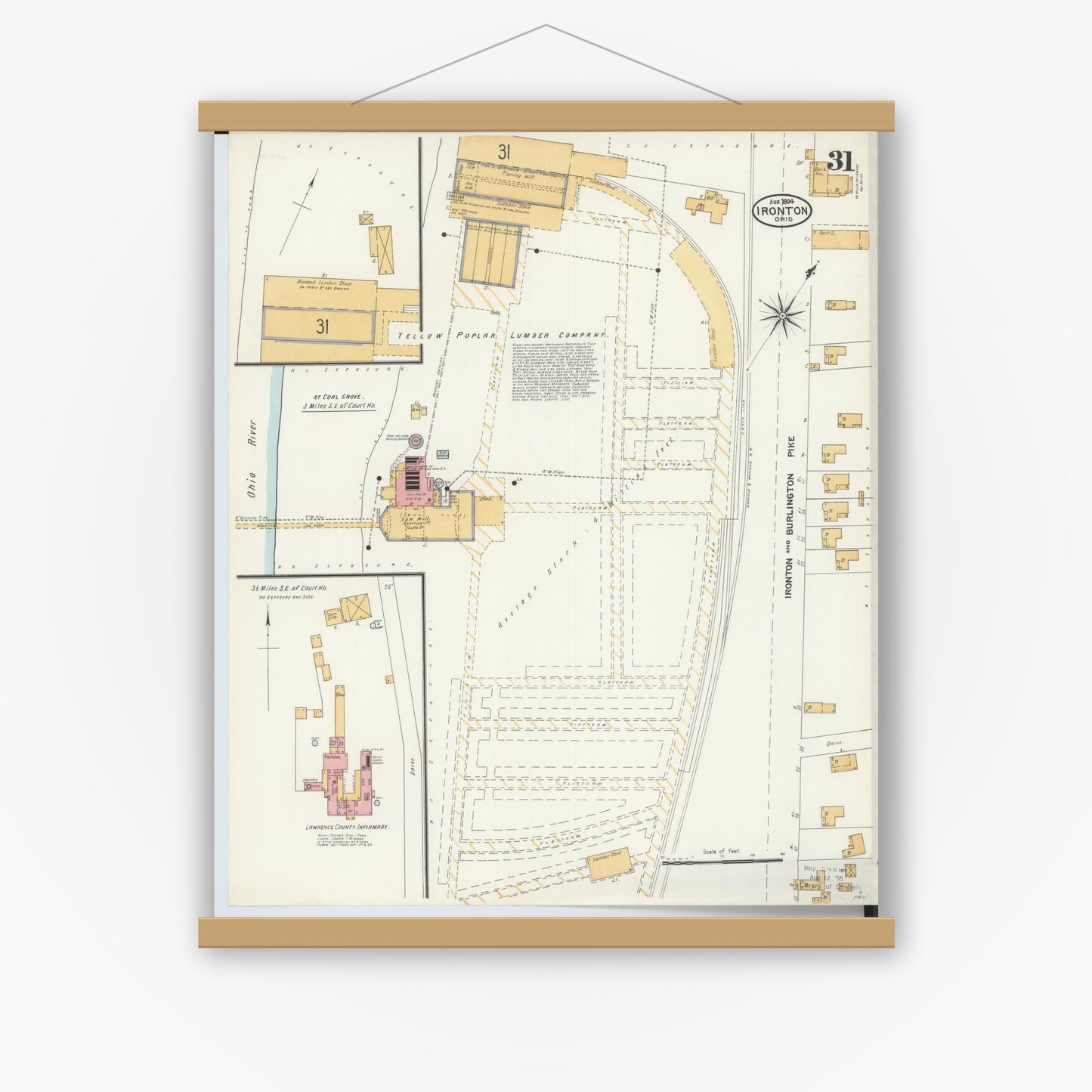 Old map wall art mockup — magnetic wood frame on white wall — Sanborn Fire Insurance Map from Ironton, Lawrence County, Ohio (1904), Sheet #0031