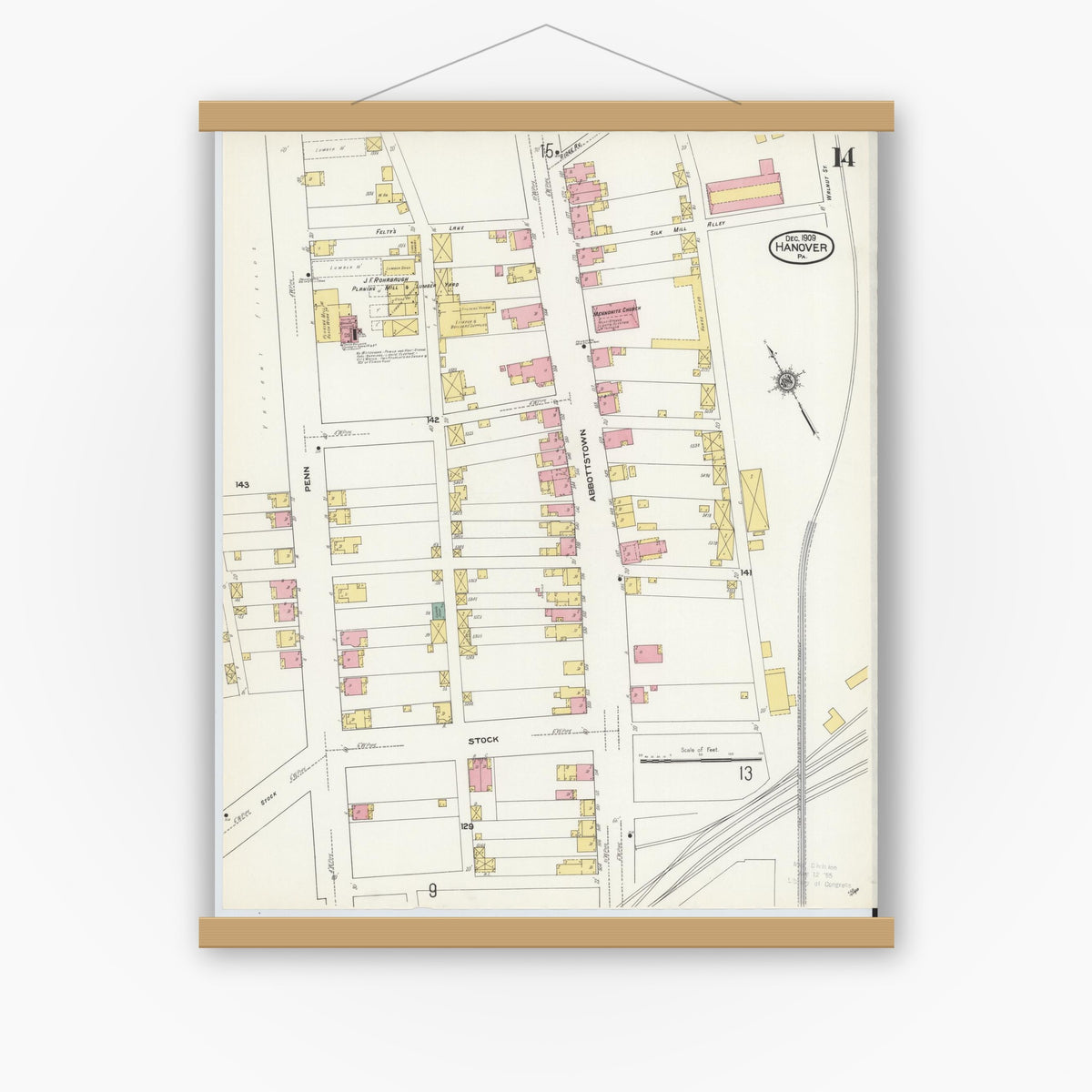 Old map wall art mockup — magnetic wood frame on white wall — Sanborn Fire Insurance Map from Hanover, York County, Pennsylvania (1909), Sheet #0014