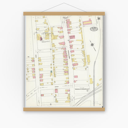 Old map wall art mockup — magnetic wood frame on white wall — Sanborn Fire Insurance Map from Hanover, York County, Pennsylvania (1909), Sheet #0014