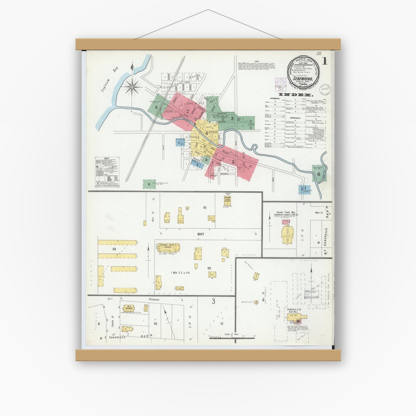 Old map wall art mockup — magnetic wood frame on white wall — Sanborn Fire Insurance Map from Sebewaing, Huron County, Michigan (1901), Sheet #0001