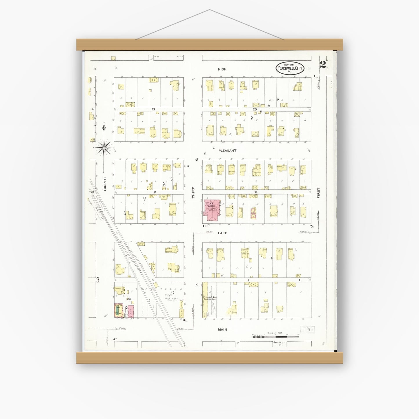 Old map wall art mockup — magnetic wood frame on white wall — Sanborn Fire Insurance Map from Rockwell City, Calhoun County, Iowa (1909), Sheet #0002