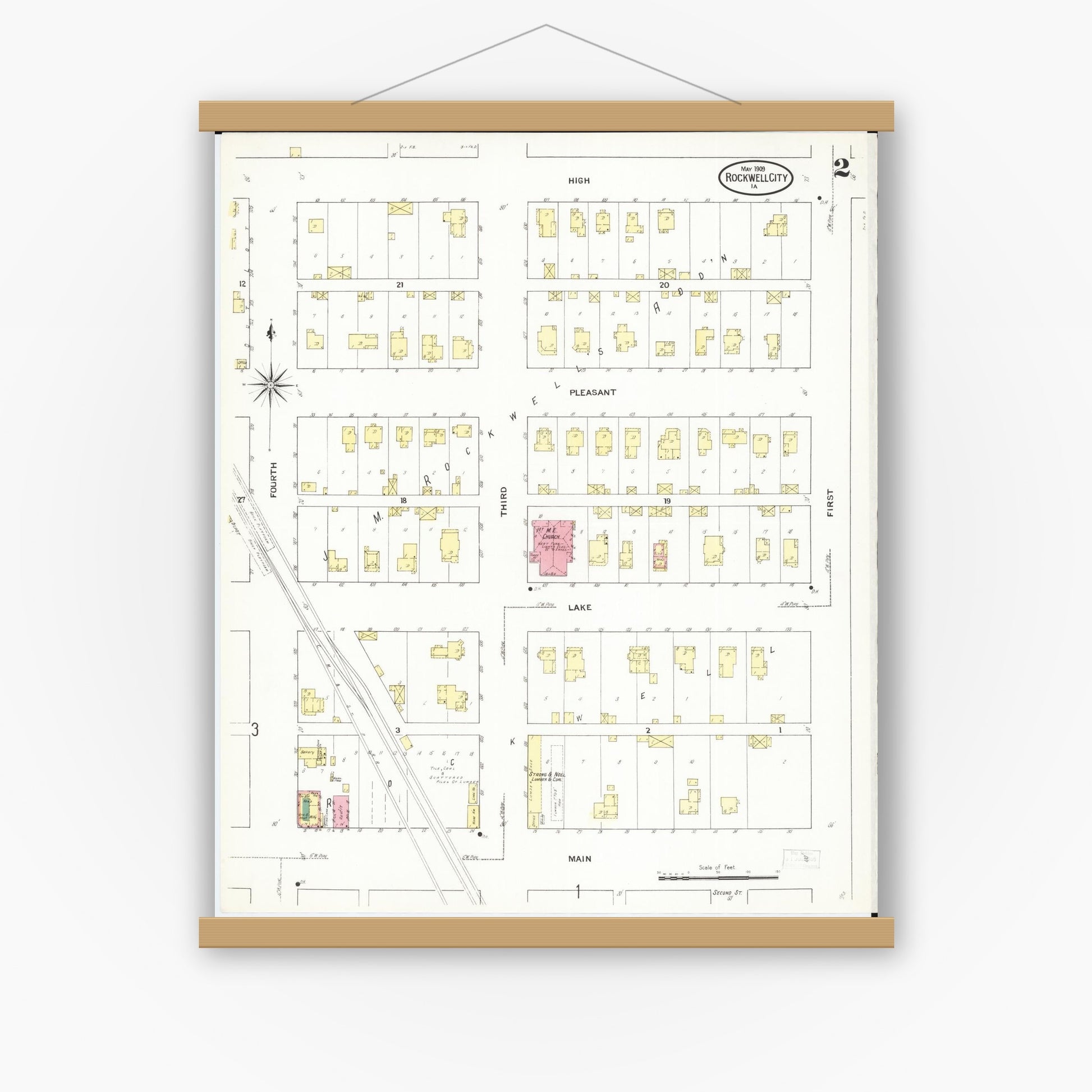 Old map wall art mockup — magnetic wood frame on white wall — Sanborn Fire Insurance Map from Rockwell City, Calhoun County, Iowa (1909), Sheet #0002