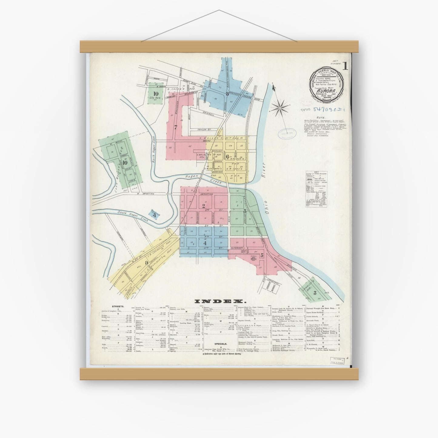 Old map wall art mockup — magnetic wood frame on white wall — Sanborn Fire Insurance Map from Aurora, Dearborn County, Indiana (1897), Sheet #0001