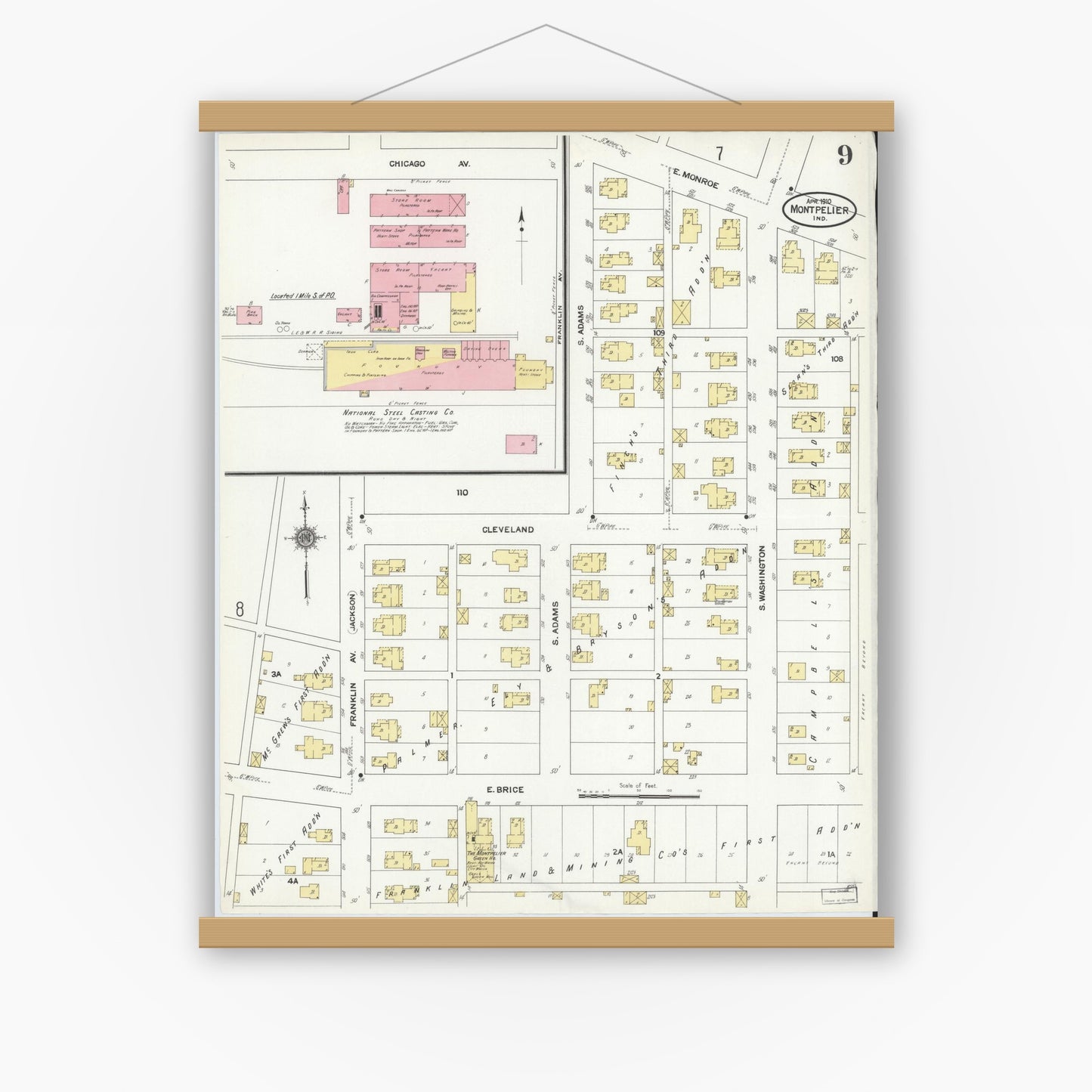 Old map wall art mockup — magnetic wood frame on white wall — Sanborn Fire Insurance Map from Montpelier, Blackford County, Indiana (1910), Sheet #0009