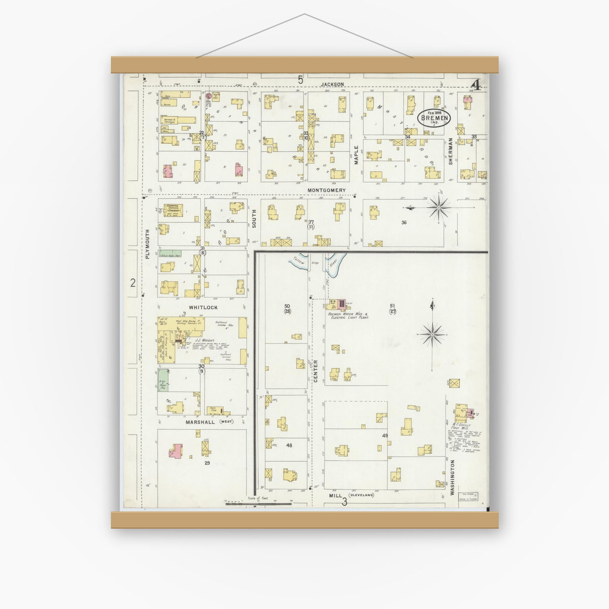 Old map wall art mockup — magnetic wood frame on white wall — Sanborn Fire Insurance Map from Bremen, Marshall County, Indiana (1898), Sheet #0004