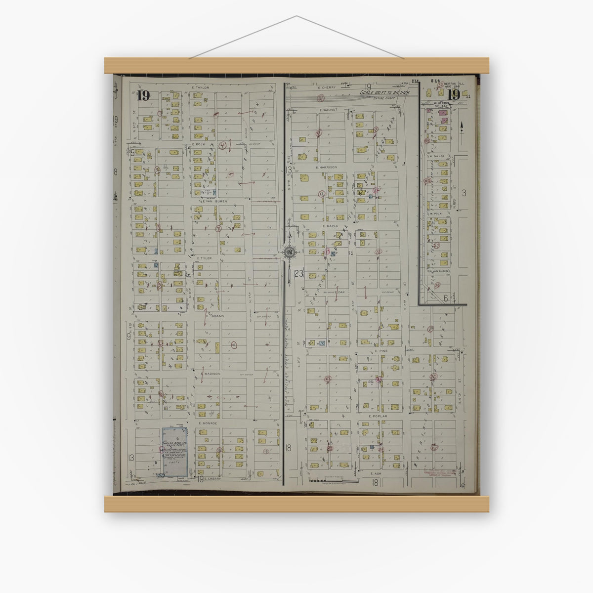 Old map wall art mockup — magnetic wood frame on white wall — Sanborn Fire Insurance Map from Herrin, Williamson County, Illinois (1947), Sheet #0019