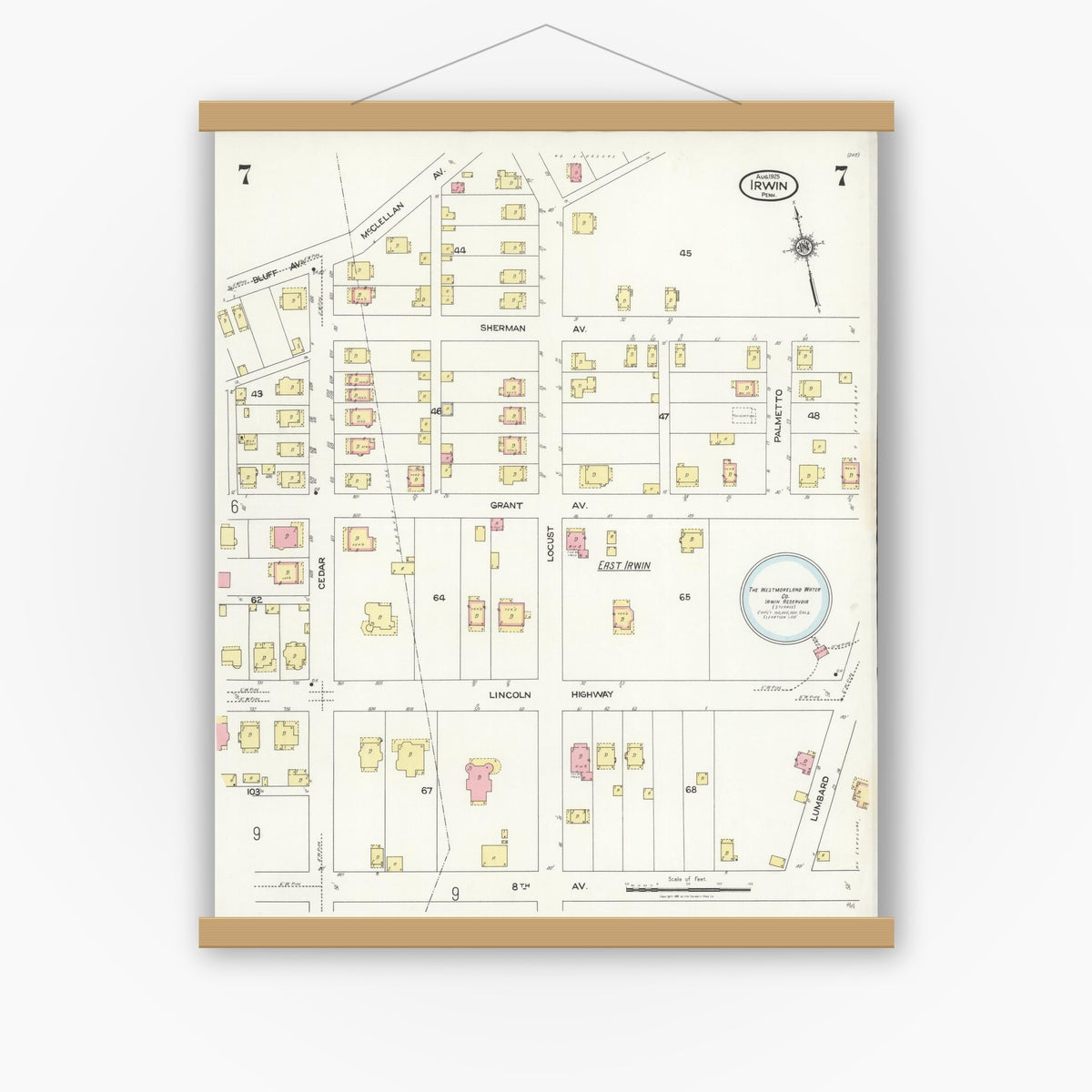 Old map wall art mockup — magnetic wood frame on white wall — Sanborn Fire Insurance Map from Irwin, Westmoreland County, Pennsylvania (1925), Sheet #0007