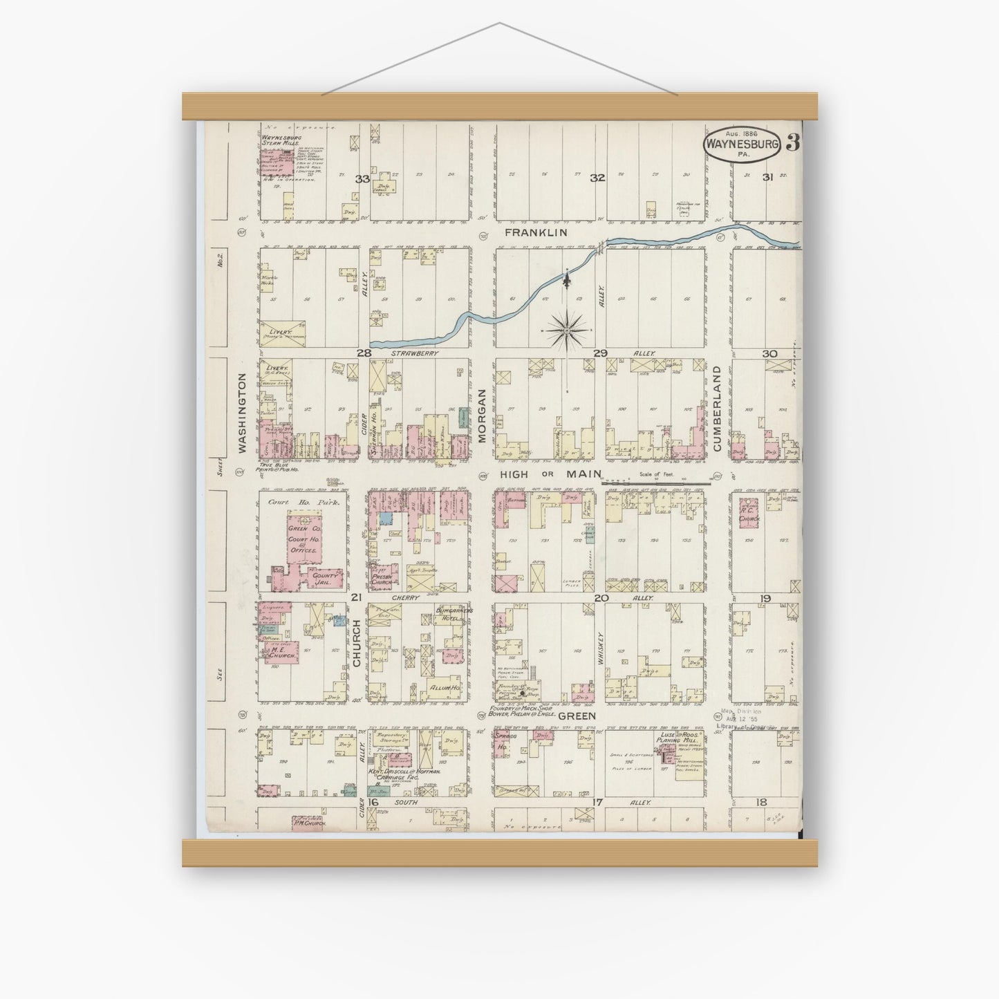 Old map wall art mockup — magnetic wood frame on white wall — Sanborn Fire Insurance Map from Waynesburg, Greene County, Pennsylvania (1886), Sheet #0003