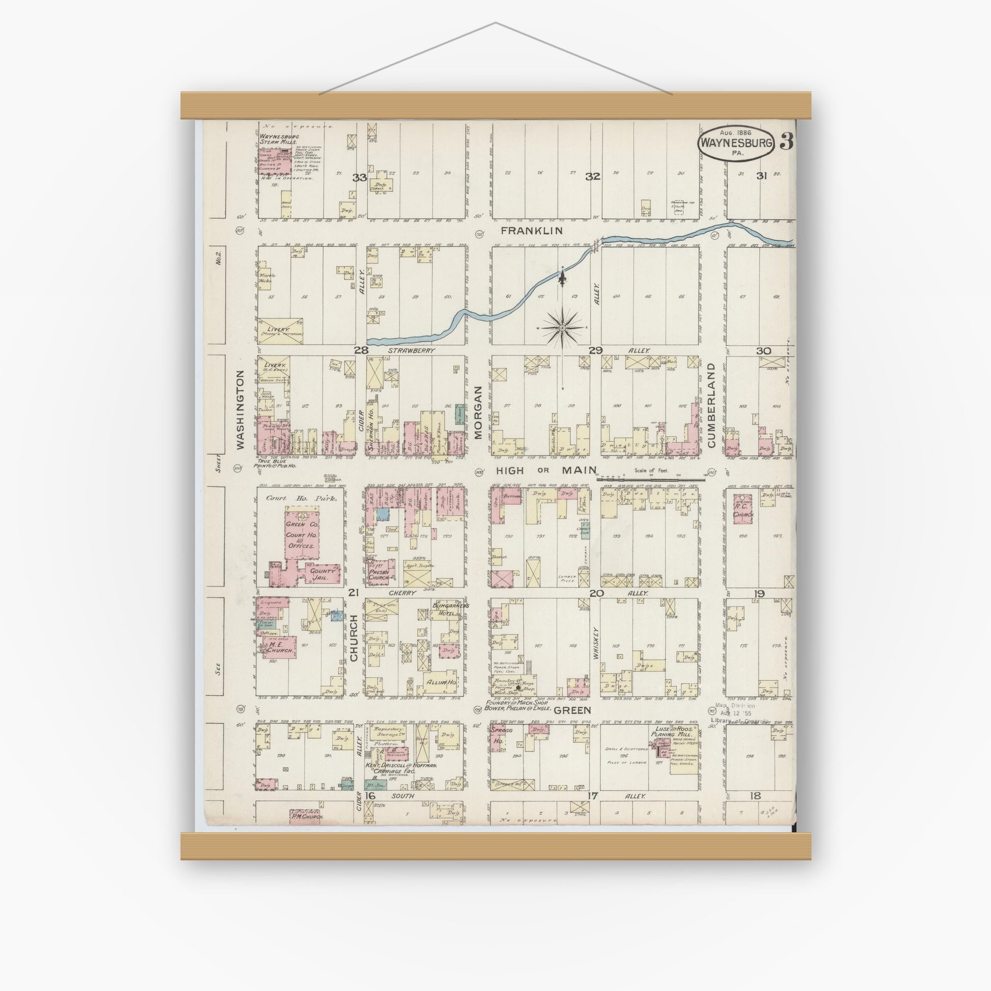 Old map wall art mockup — magnetic wood frame on white wall — Sanborn Fire Insurance Map from Waynesburg, Greene County, Pennsylvania (1886), Sheet #0003