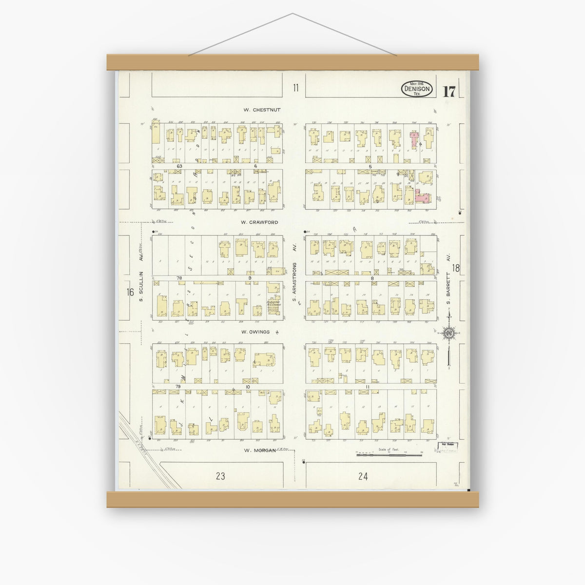 Old map wall art mockup — magnetic wood frame on white wall — Sanborn Fire Insurance Map from Denison, Grayson County, Texas (1914), Sheet #0017
