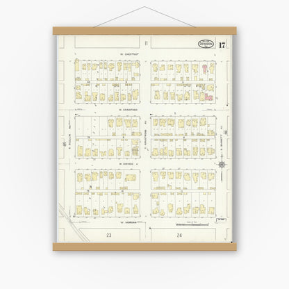 Old map wall art mockup — magnetic wood frame on white wall — Sanborn Fire Insurance Map from Denison, Grayson County, Texas (1914), Sheet #0017