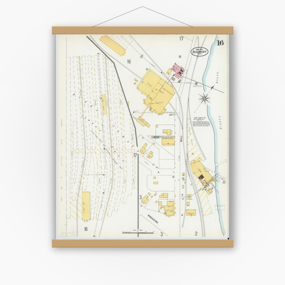 Old map wall art mockup — magnetic wood frame on white wall — Sanborn Fire Insurance Map from Beaumont, Jefferson County, Texas (1902), Sheet #0016