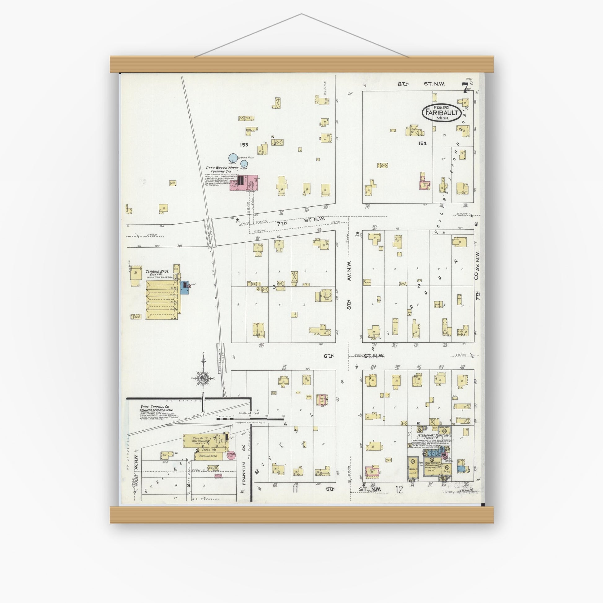 Old map wall art mockup — magnetic wood frame on white wall — Sanborn Fire Insurance Map from Faribault, Rice County, Minnesota (1921), Sheet #0007
