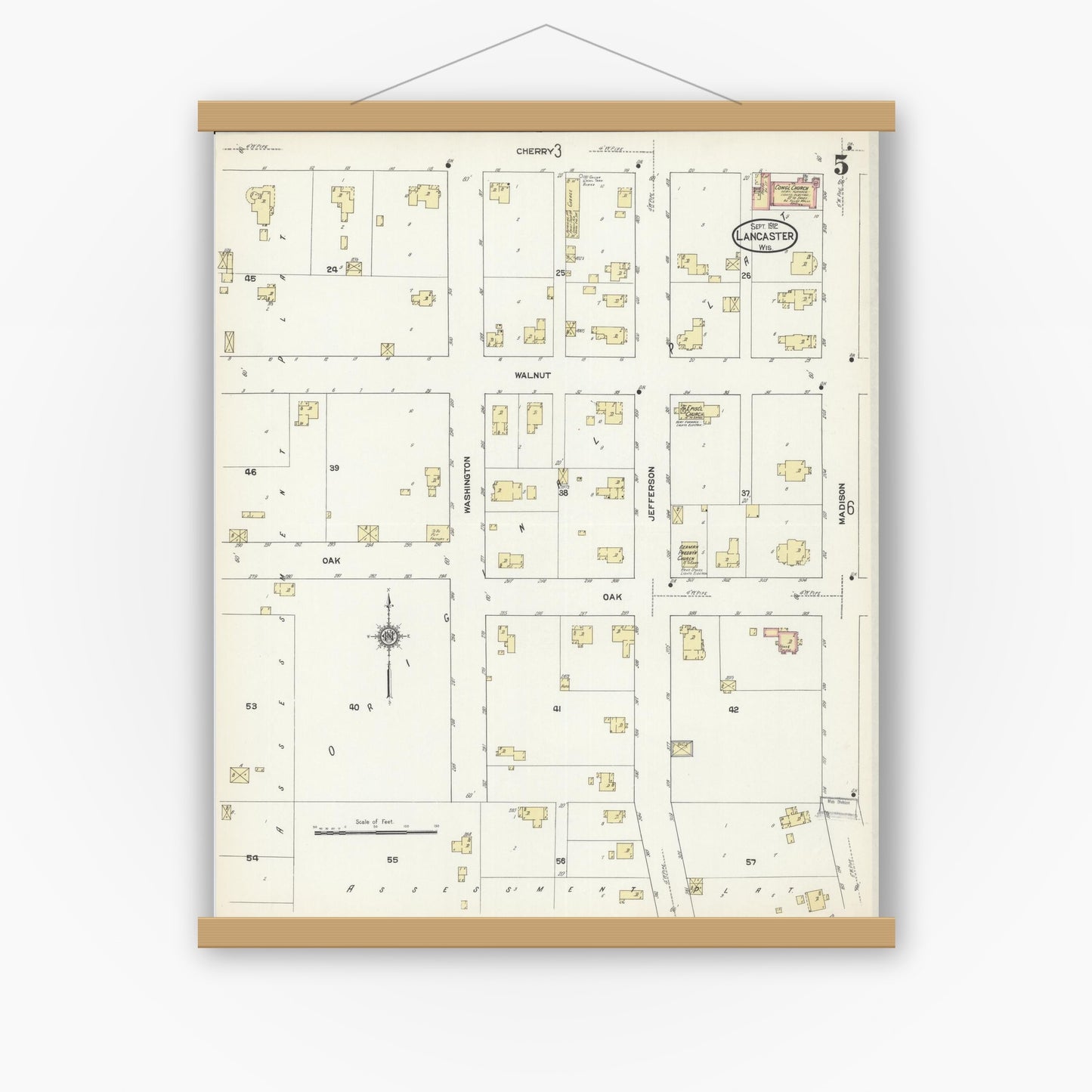 Old map wall art mockup — magnetic wood frame on white wall — Sanborn Fire Insurance Map from Lancaster, Grant County, Wisconsin (1912), Sheet #0005