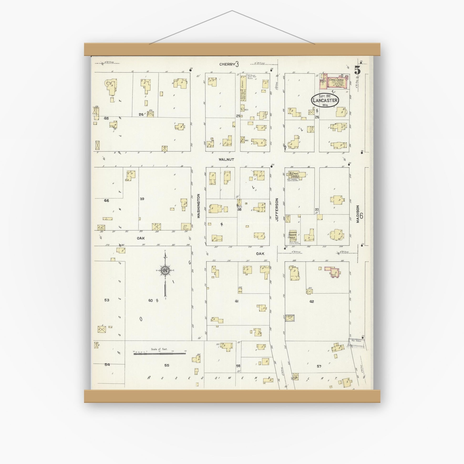Old map wall art mockup — magnetic wood frame on white wall — Sanborn Fire Insurance Map from Lancaster, Grant County, Wisconsin (1912), Sheet #0005