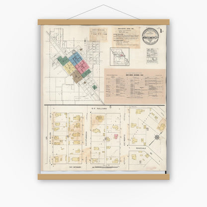 Old map wall art mockup — magnetic wood frame on white wall — Sanborn Fire Insurance Map from Montgomery City, Montgomery County, Missouri (1932) - Complete Map Set