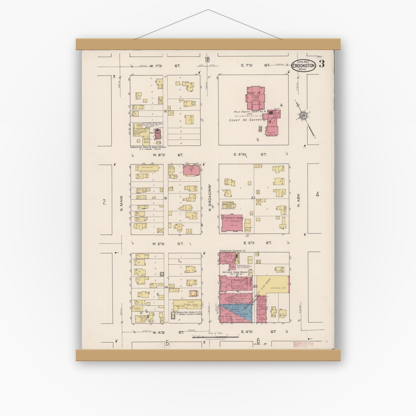Old map wall art mockup — magnetic wood frame on white wall — Sanborn Fire Insurance Map from Crookston, Polk County, Minnesota (1922), Sheet #0003