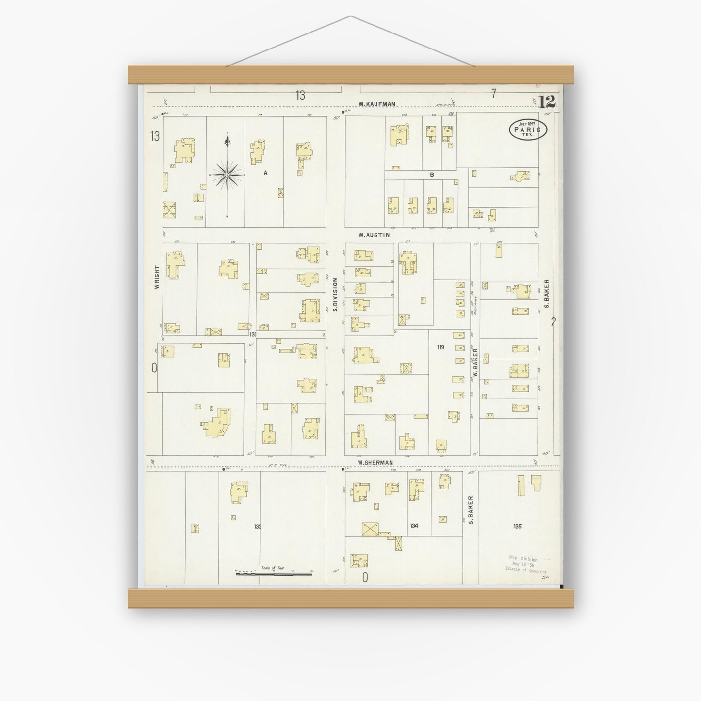 Old map wall art mockup — magnetic wood frame on white wall — Sanborn Fire Insurance Map from Paris, Lamar County, Texas (1897), Sheet #0012