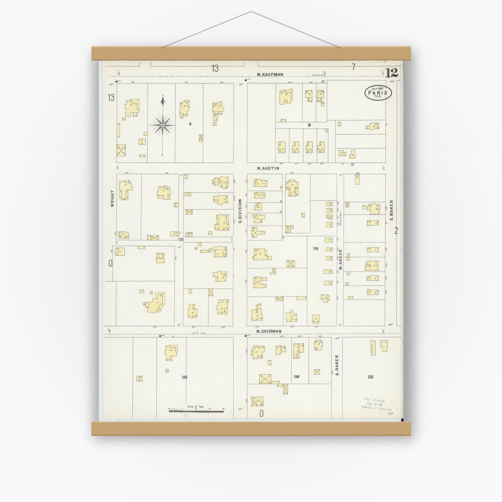 Old map wall art mockup — magnetic wood frame on white wall — Sanborn Fire Insurance Map from Paris, Lamar County, Texas (1897), Sheet #0012