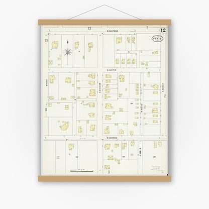 Old map wall art mockup — magnetic wood frame on white wall — Sanborn Fire Insurance Map from Paris, Lamar County, Texas (1897), Sheet #0012