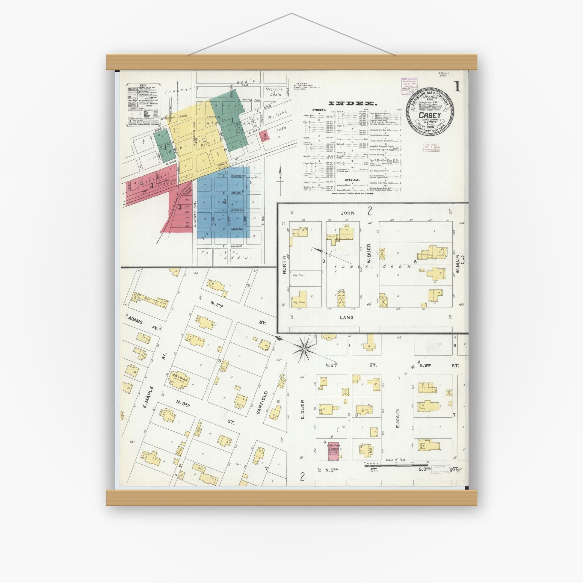 Old map wall art mockup — magnetic wood frame on white wall — Sanborn Fire Insurance Map from Casey, Clark County, Illinois (1906) - Complete Map Set