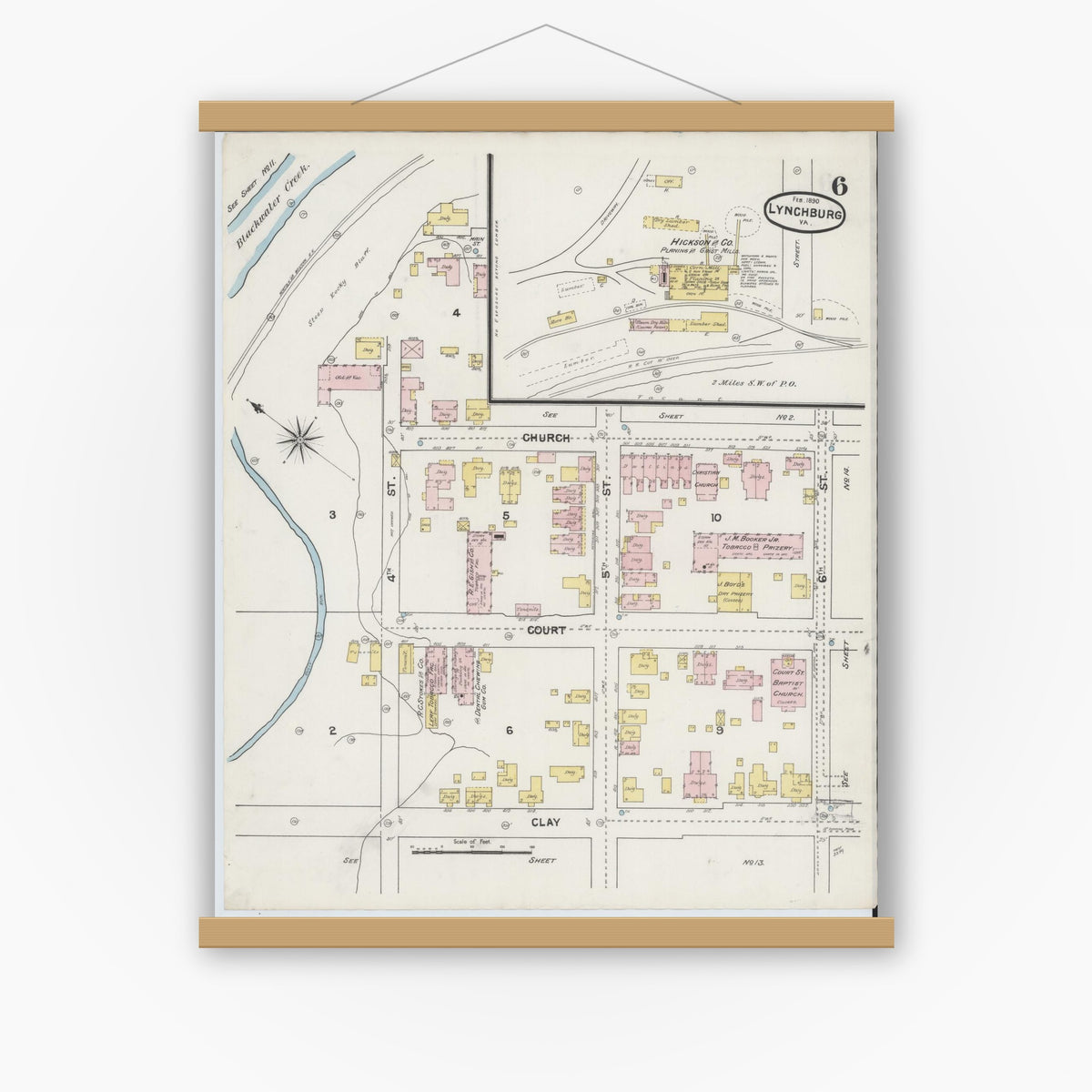 Old map wall art mockup — magnetic wood frame on white wall — Sanborn Fire Insurance Map from Lynchburg, Independent Cities, Virginia (1890), Sheet #0006