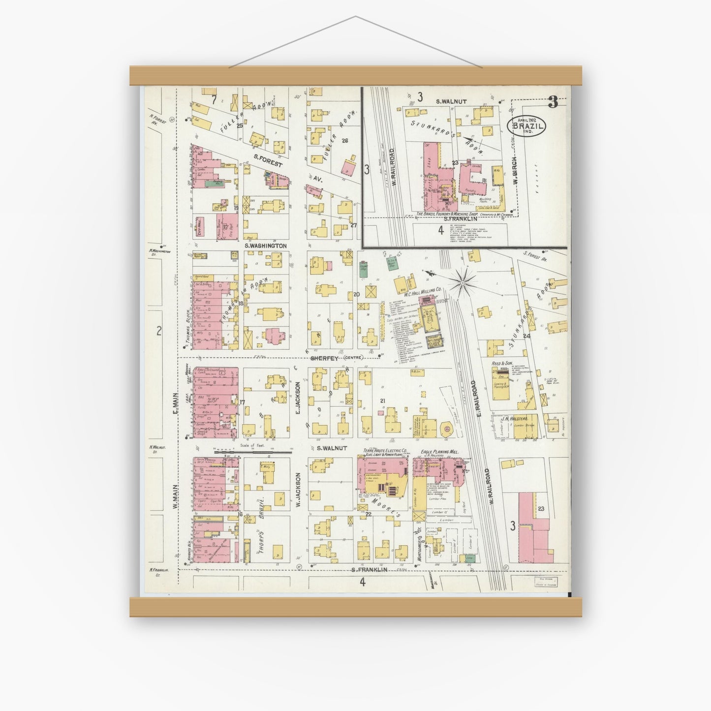Old map wall art mockup — magnetic wood frame on white wall — Sanborn Fire Insurance Map from Brazil, Clay County, Indiana (1902), Sheet #0003