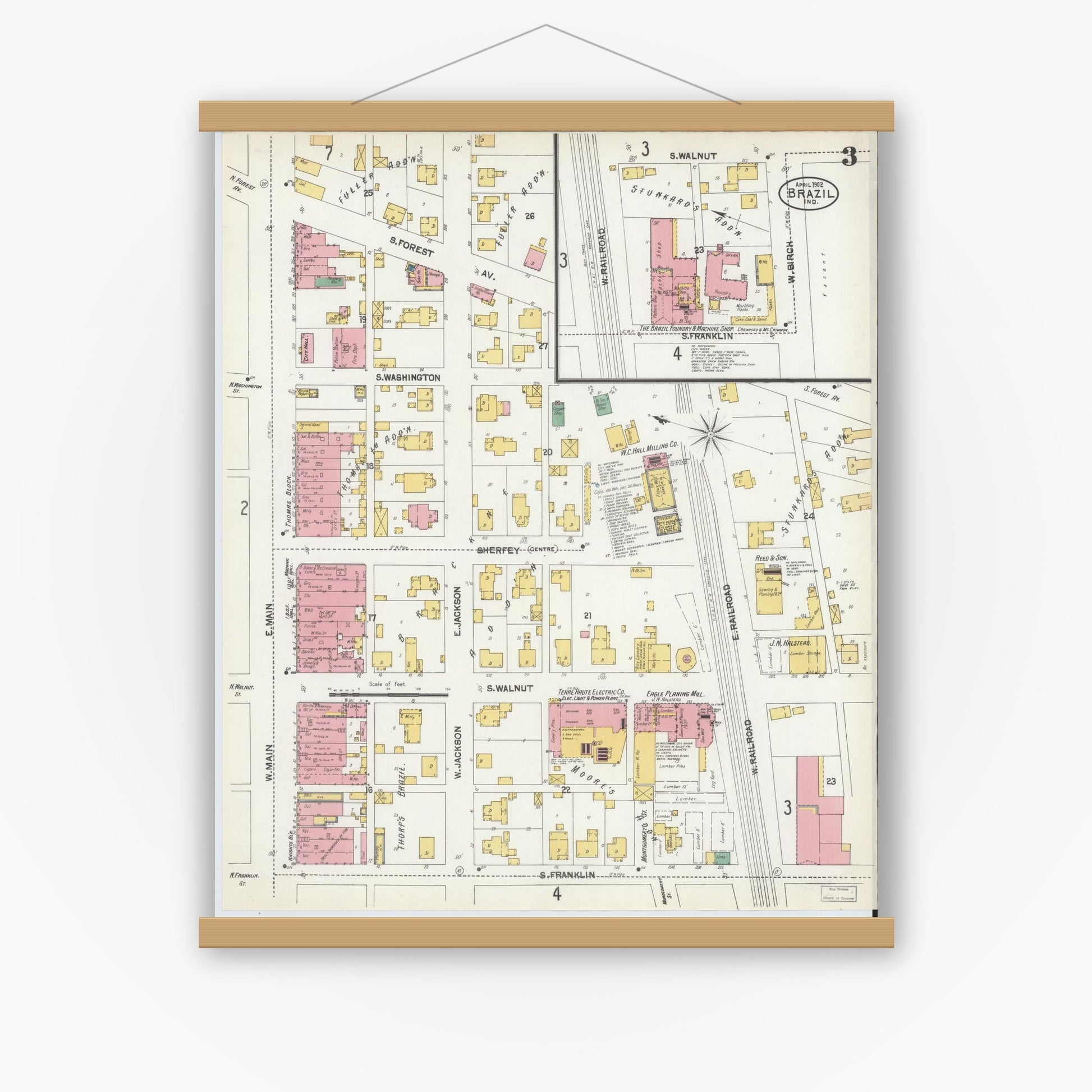 Old map wall art mockup — magnetic wood frame on white wall — Sanborn Fire Insurance Map from Brazil, Clay County, Indiana (1902), Sheet #0003