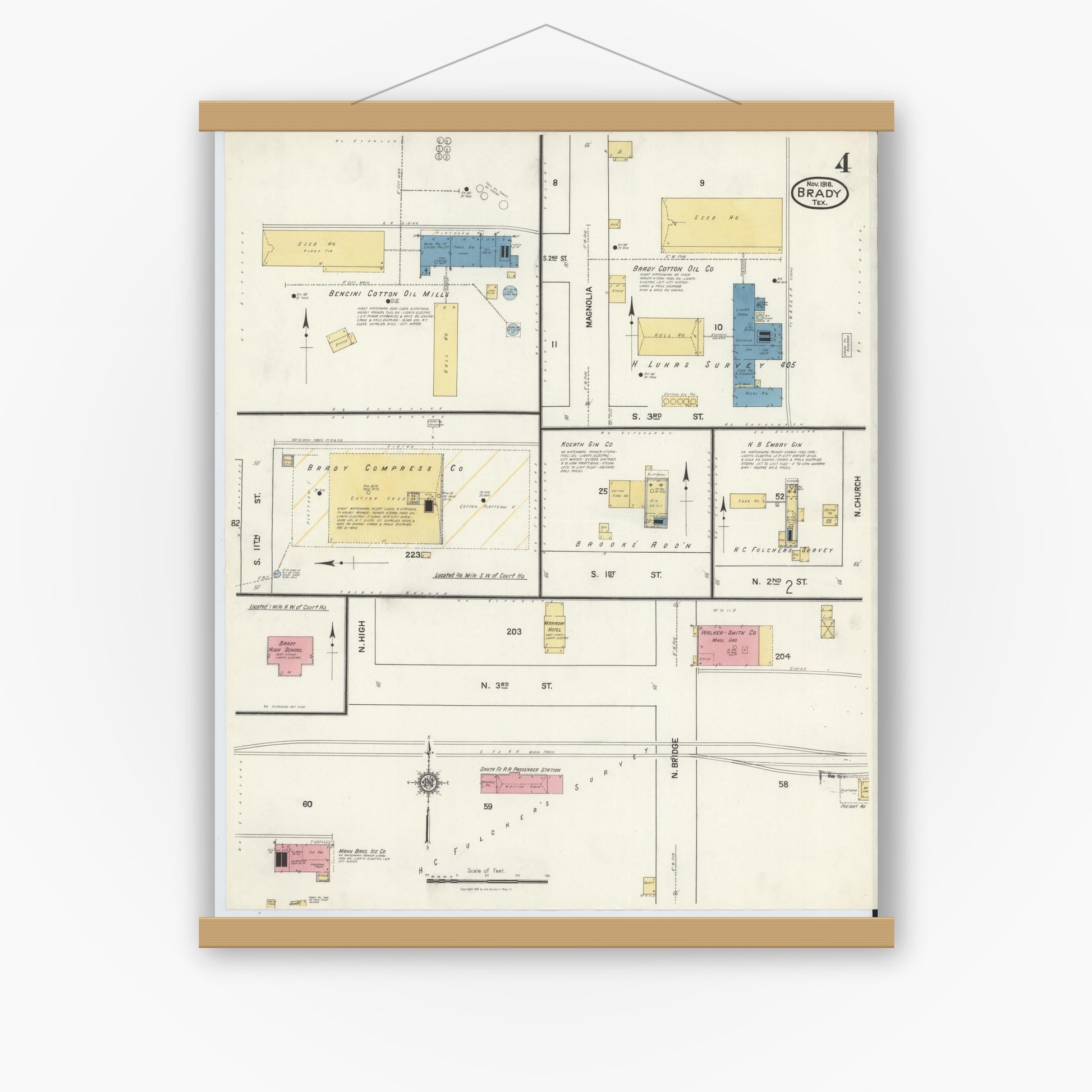 Old map wall art mockup — magnetic wood frame on white wall — Sanborn Fire Insurance Map from Brady, McCulloch County, Texas (1916), Sheet #0004
