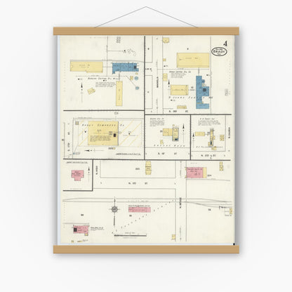 Old map wall art mockup — magnetic wood frame on white wall — Sanborn Fire Insurance Map from Brady, McCulloch County, Texas (1916), Sheet #0004