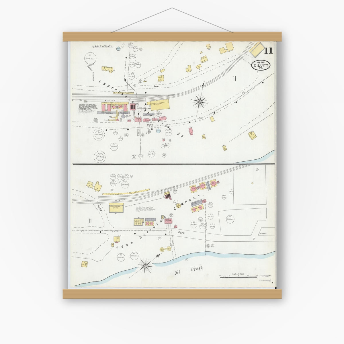Old map wall art mockup — magnetic wood frame on white wall — Sanborn Fire Insurance Map from Oil City, Venango County, Pennsylvania (1901), Sheet #0011
