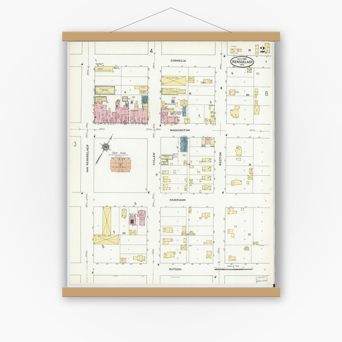 Old map wall art mockup — magnetic wood frame on white wall — Sanborn Fire Insurance Map from Rensselaer, Jasper County, Indiana (1909), Sheet #0002