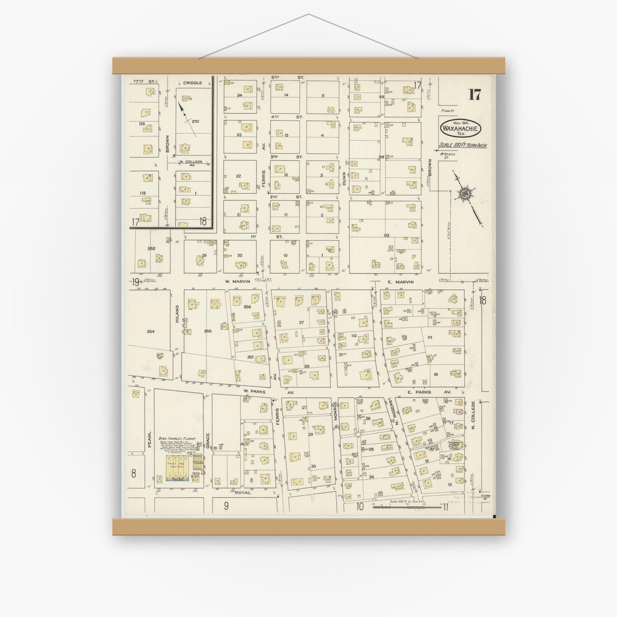 Old map wall art mockup — magnetic wood frame on white wall — Sanborn Fire Insurance Map from Waxahachie, Ellis County, Texas (1914), Sheet #0017