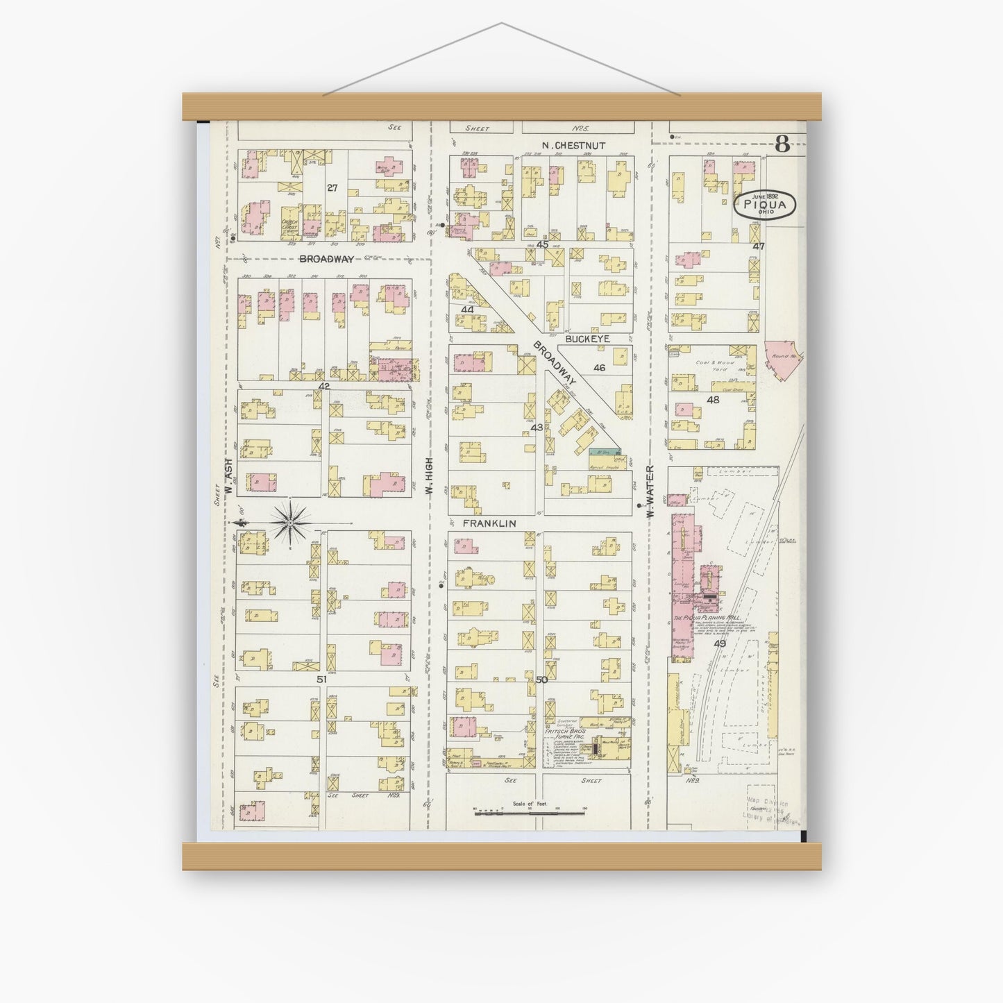 Old map wall art mockup — magnetic wood frame on white wall — Sanborn Fire Insurance Map from Piqua, Miami County, Ohio (1892), Sheet #0008