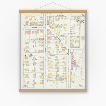 Old map wall art mockup — magnetic wood frame on white wall — Sanborn Fire Insurance Map from Piqua, Miami County, Ohio (1892), Sheet #0008