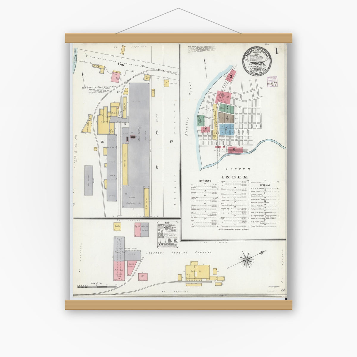 Old map wall art mockup — magnetic wood frame on white wall — Sanborn Fire Insurance Map from Oakmont, Allegheny County, Pennsylvania (1905) - Complete Map Set